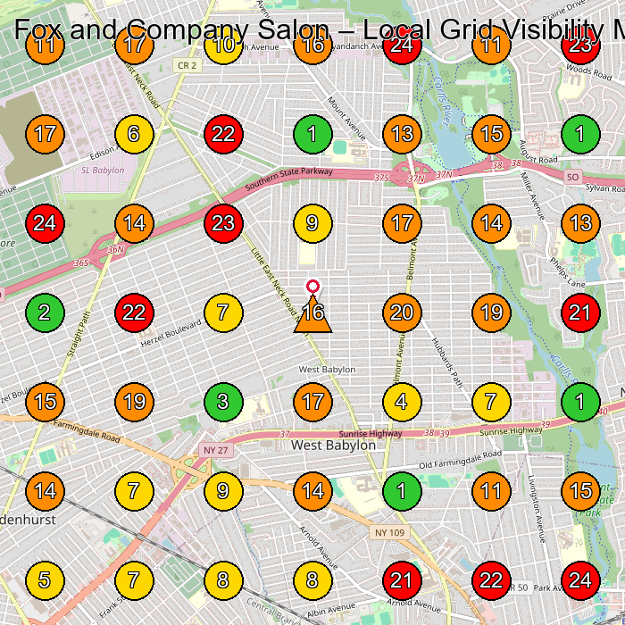 Fox and Company Salon Hair Salon GeoGrid ranking map for West Babylon NY